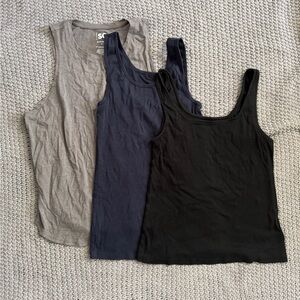 Set of 3 Gray, Blue and Black Sleeveless Tank Tops with Scoop Neckline